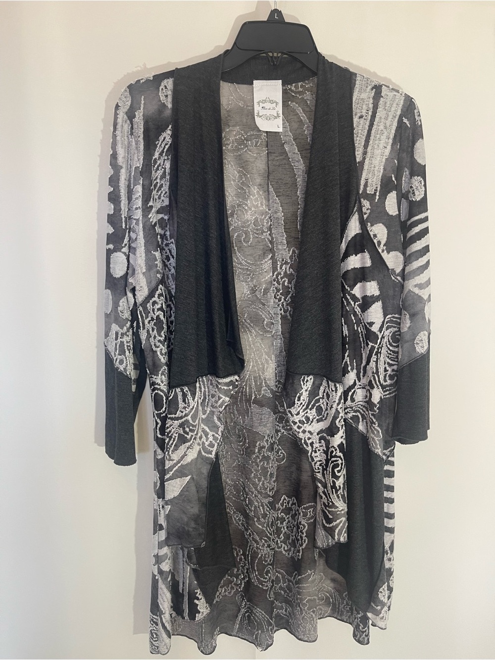 Flew de Lis Abstract Black Gray & White Open-Front Women's Duster